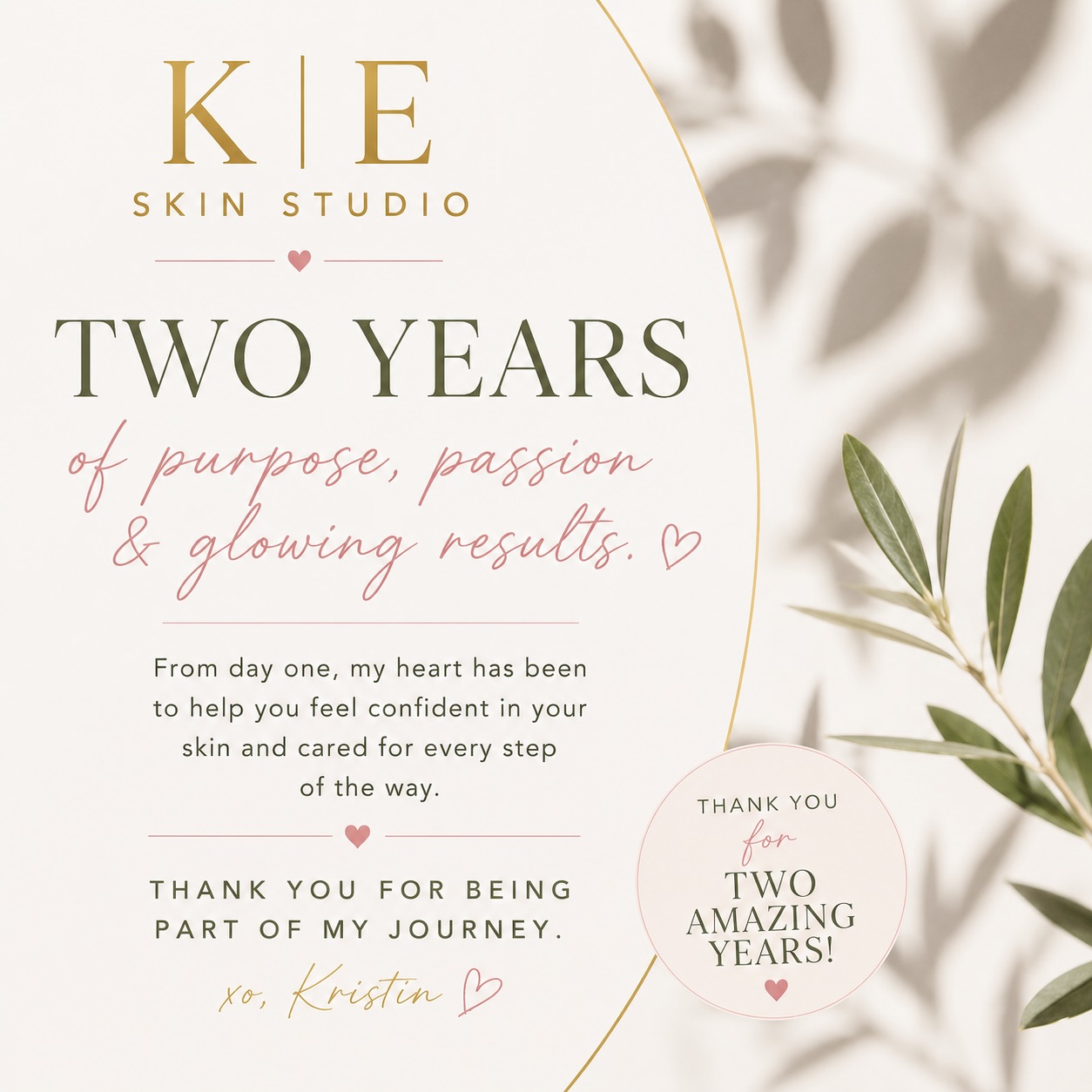 Studio anniversary post from Kristin